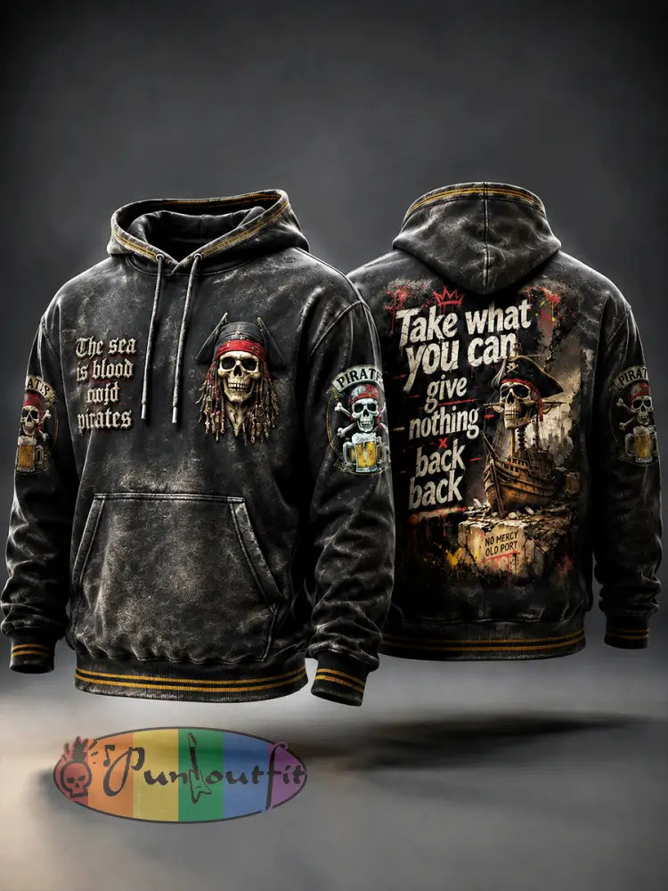 Men’s Vintage Black Pirate-Print Casual Hooded Sweatshirt
