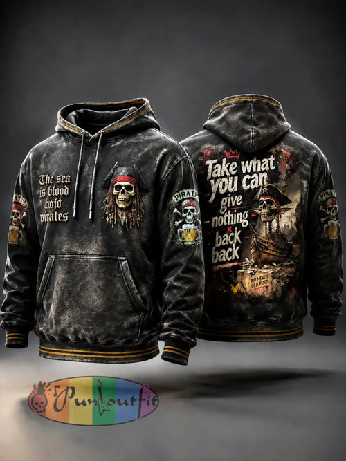 Men’s Vintage Black Pirate-Print Casual Hooded Sweatshirt