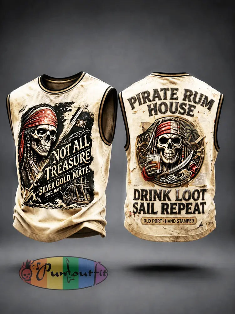 Men’s Pirate-Themed Slogan-Printed Casual Vest