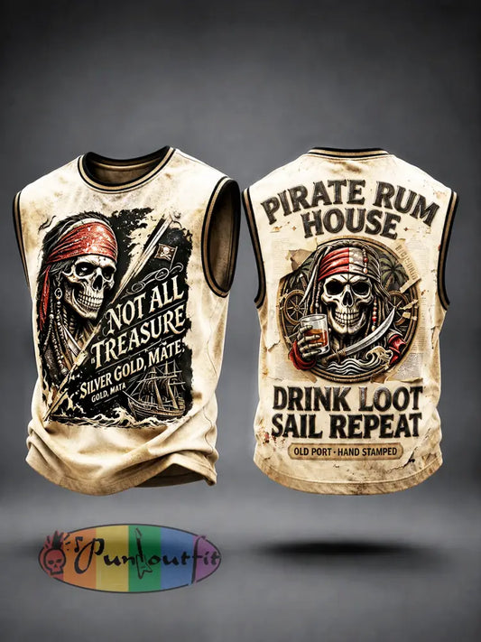 Men’s Pirate-Themed Slogan-Printed Casual Vest