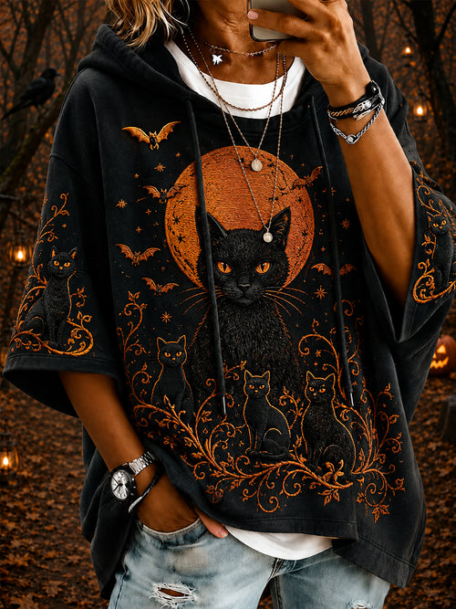 Women's Halloween Black Cats Print Casual 3/4 Sleeve Hoodie