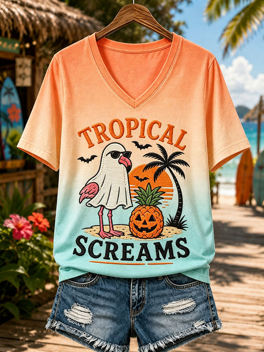 Women's Tropical Halloween Witchy Vacation Print T-shirt