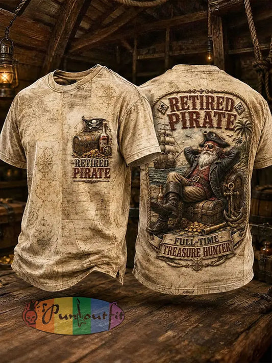 Men's Retro "Retired Pirate - Full-Time Treasure Hunter" Printed Casual T-shirt