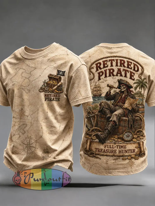 Men's Retro "Retired Pirate - Full-Time Treasure Hunter" Printed Casual T-shirt