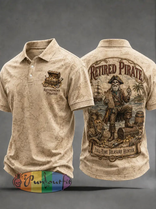Men's Retro "Retired Pirate - Full-Time Treasure Hunter" Printed Casual Polo Shirt