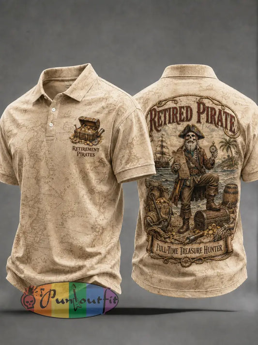 Men's Retro "Retired Pirate - Full-Time Treasure Hunter" Printed Casual Polo Shirt