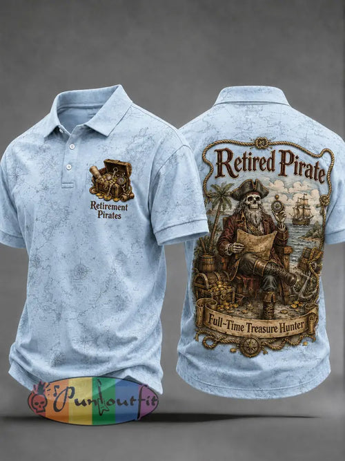 Men's Retro "Retired Pirate - Full-Time Treasure Hunter" Printed Casual Polo Shirt