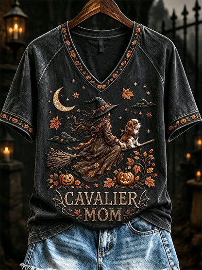Women's Halloween Fall Cavalier Mom Witch & Dog Print short-sleeved T-shirt