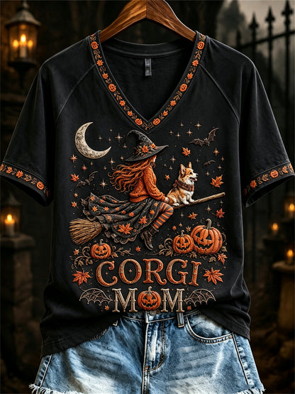 Women's Halloween Fall Corgi Mom Witch & Dog Print short-sleeved T-shirt