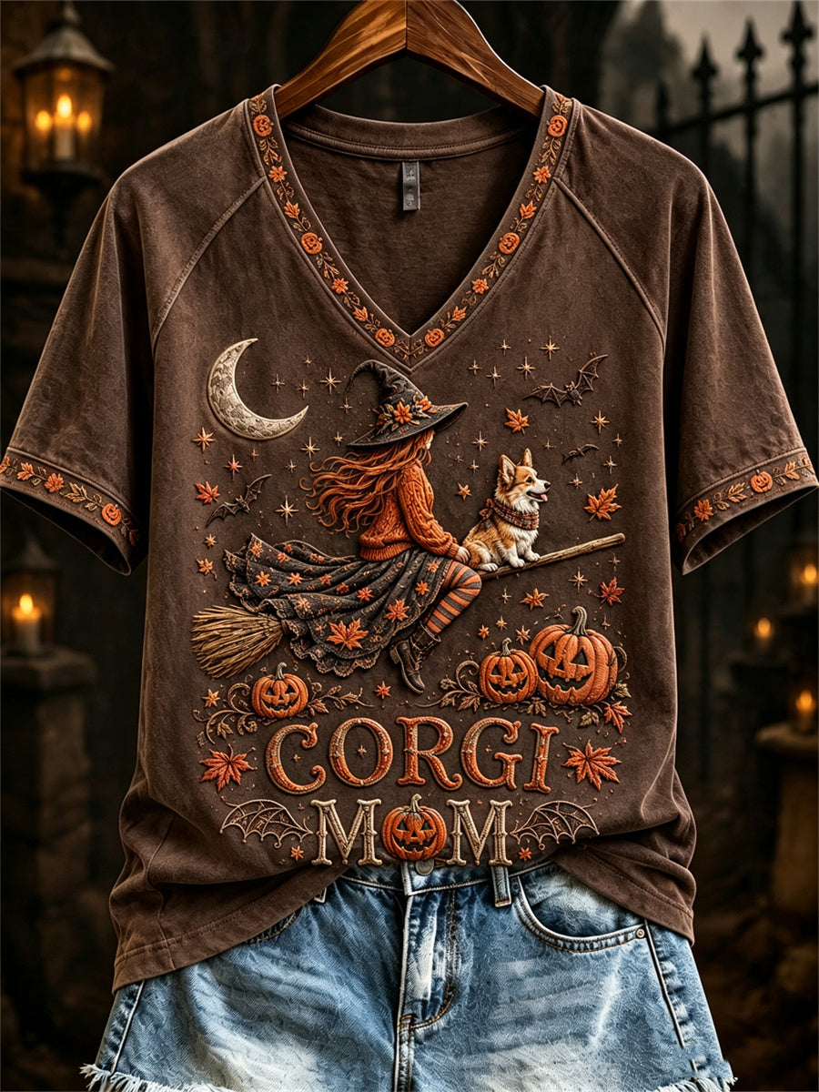 Women's Halloween Fall Corgi Mom Witch & Dog Print short-sleeved T-shirt