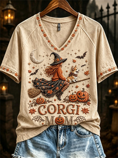 Women's Halloween Fall Corgi Mom Witch & Dog Print short-sleeved T-shirt