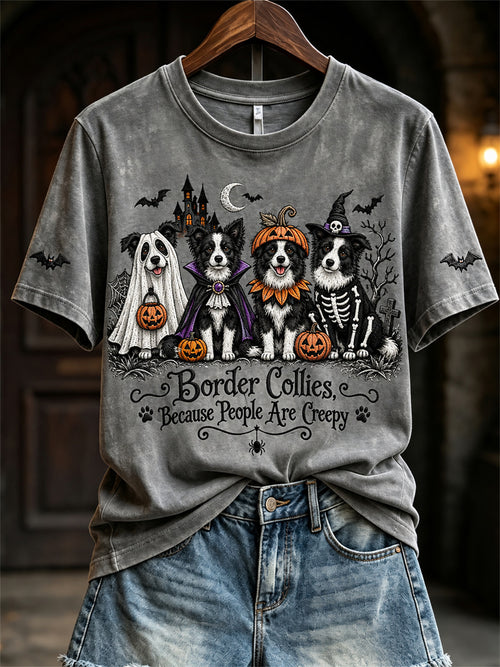 Women's Border Collies Because People Are Creepy Halloween Dogs Print short-sleeved T-shirt