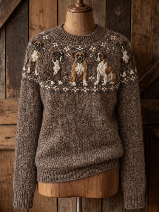 Women's Vintage Boxer Dogs Yoke Isle Print crew neck sweater