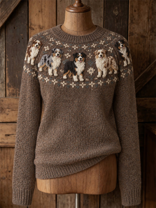 Women's Vintage Australian Shepherd Dogs Yoke Isle Print crew neck sweater