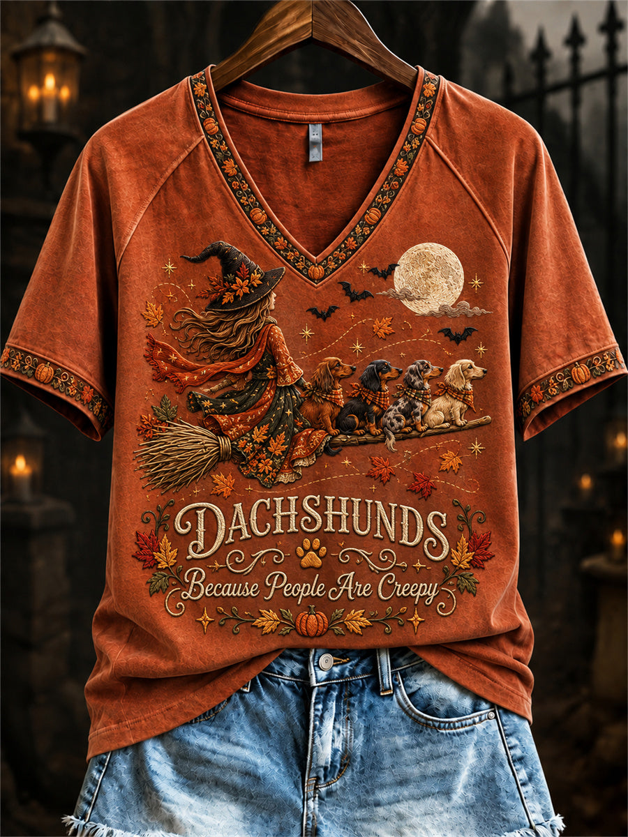 Women's Dachshunds Because People Are Creepy Fall Witch & Dogs Print short-sleeved T-shirt