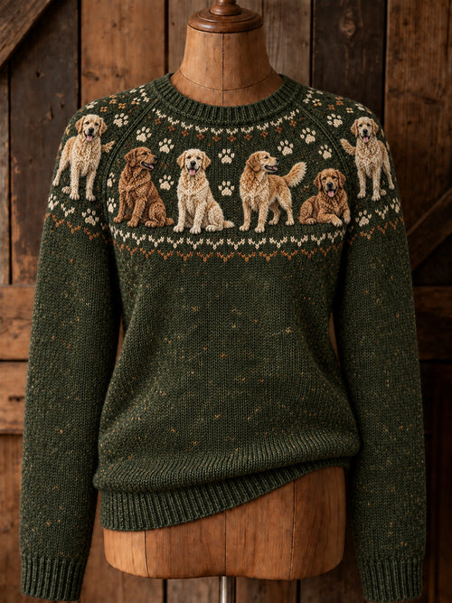 Women's Vintage Golden Retrievers Yoke Isle Print Long-sleeved Sweater