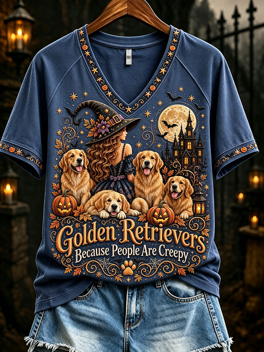 Women's Golden Retrievers Because People Are Creepy Halloween Dogs Print short-sleeved T-shirt