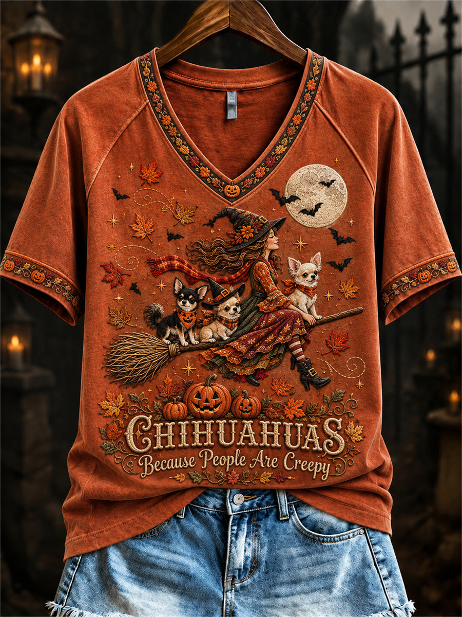 Women's Chihuahuas Because People Are Creepy Fall Witch & Dogs Print short-sleeved T-shirt