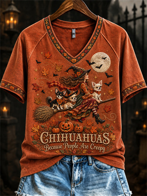Women's Chihuahuas Because People Are Creepy Fall Witch & Dogs Print short-sleeved T-shirt