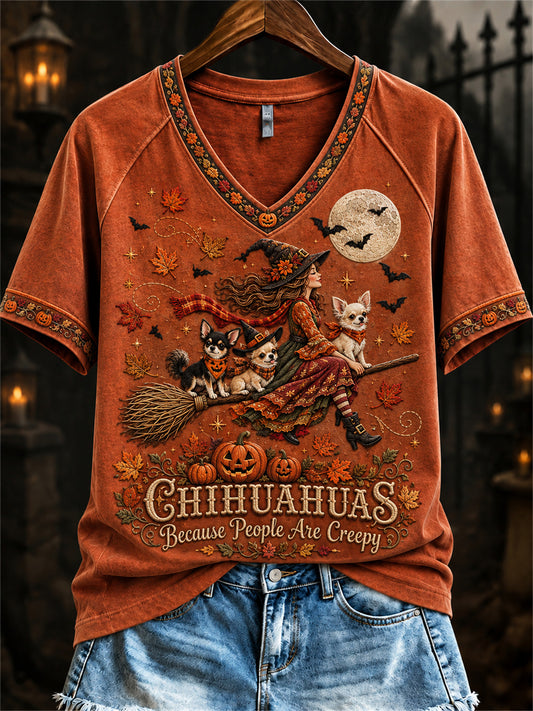 Women's Chihuahuas Because People Are Creepy Fall Witch & Dogs Print short-sleeved T-shirt