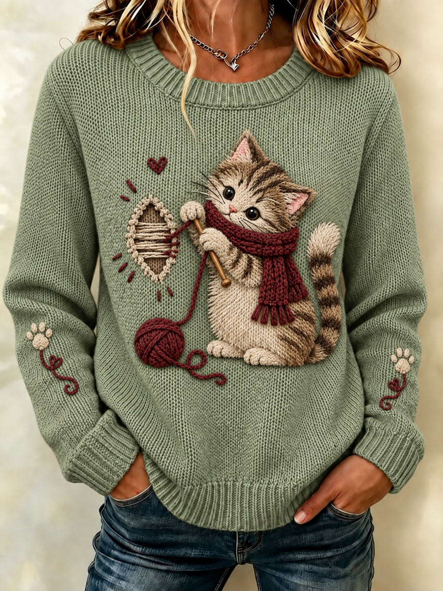 Women's Cute Kitten Yarn Ball Graphic Sweater