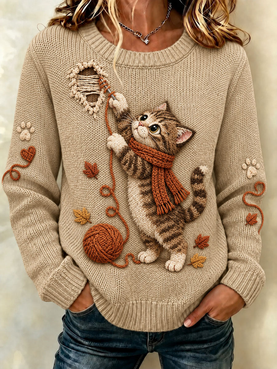 Women's Cute Kitten Yarn Ball Graphic Sweater