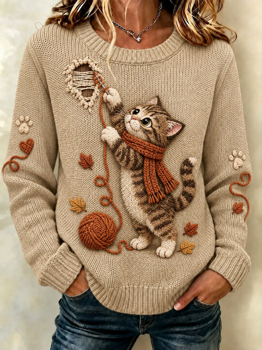 Women's Cute Kitten Yarn Ball Graphic Sweater
