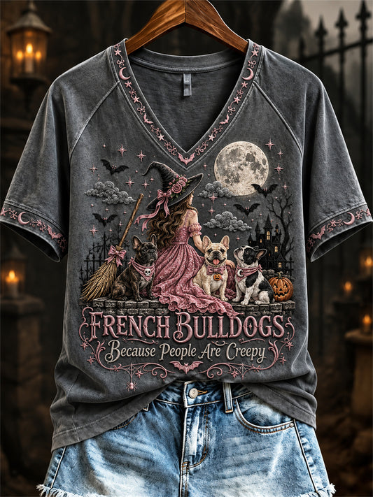 Women's French Bulldogs Because People Are Creepy Halloween Witch & Dogs Print short-sleeved T-shirt