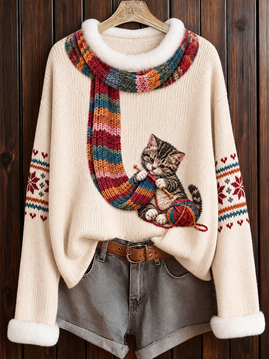Women's "Cat Knitting a Scarf" Tabby Cat Art-Print Casual Sweater