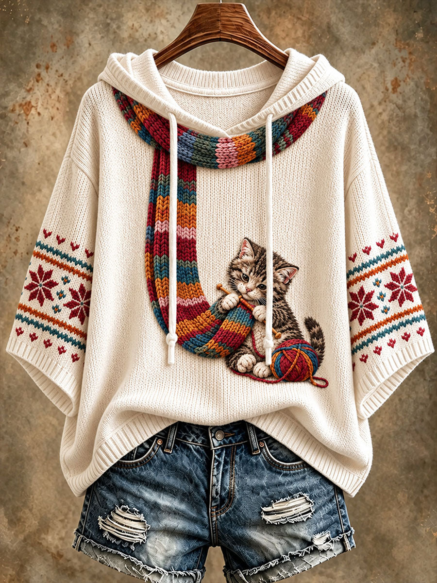 Women's "Cat Knitting a Scarf" Tabby Cat Art-Print Casual Sweater