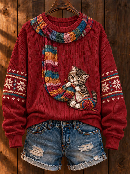 Women's "Cat Knitting a Scarf" Tabby Cat Art-Print Casual Sweater