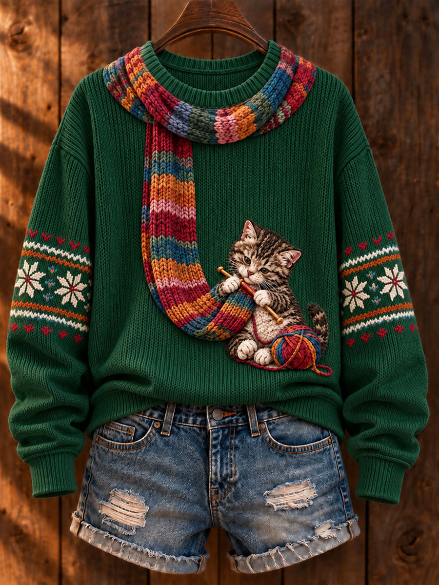 Women's "Cat Knitting a Scarf" Tabby Cat Art-Print Casual Sweater