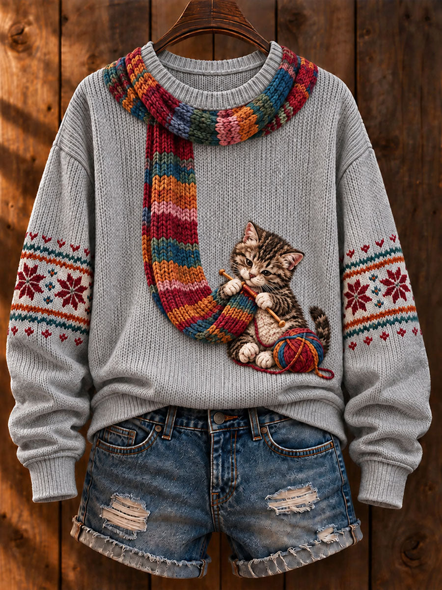 Women's "Cat Knitting a Scarf" Tabby Cat Art-Print Casual Sweater