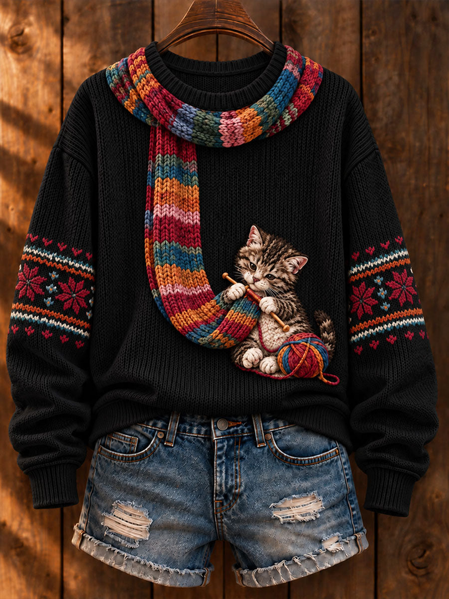 Women's "Cat Knitting a Scarf" Tabby Cat Art-Print Casual Sweater
