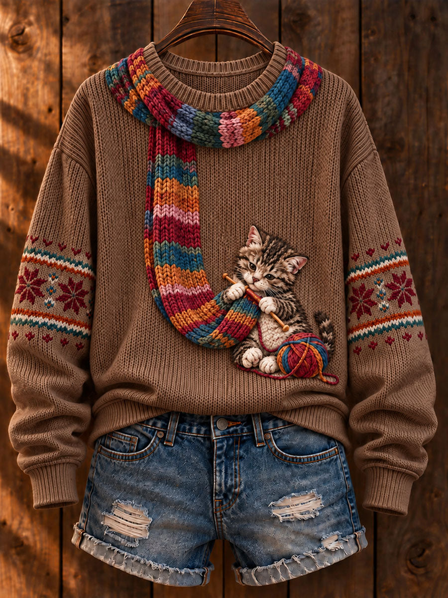 Women's "Cat Knitting a Scarf" Tabby Cat Art-Print Casual Sweater