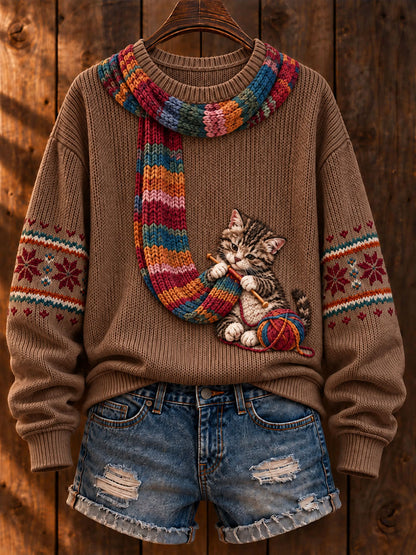 Women's "Cat Knitting a Scarf" Tabby Cat Art-Print Casual Sweater