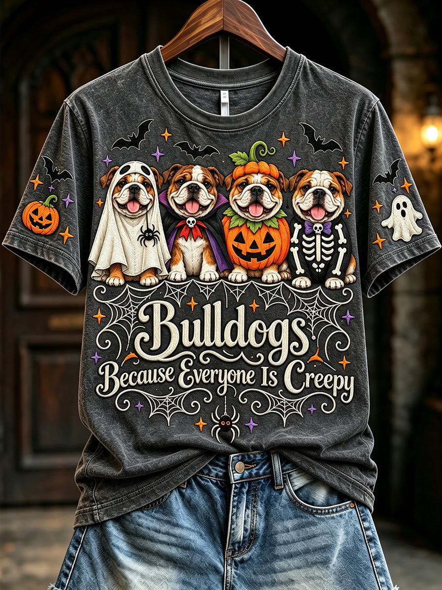 Women's Bulldogs Because People Are Creepy Halloween Print Short-sleeved T-shirt