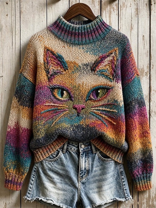 Women's Vintage Cat Face Art Colorful Gradient Print Turtleneck sweater