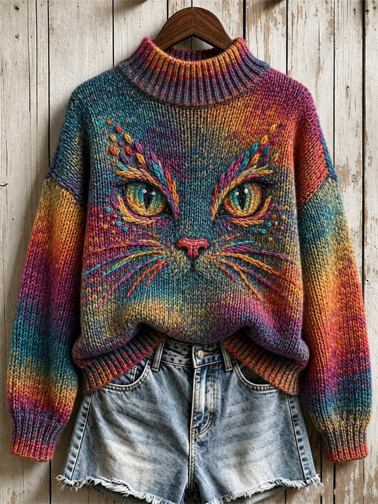 Women's Vintage Cat Face Art Colorful Gradient Print Turtleneck sweater