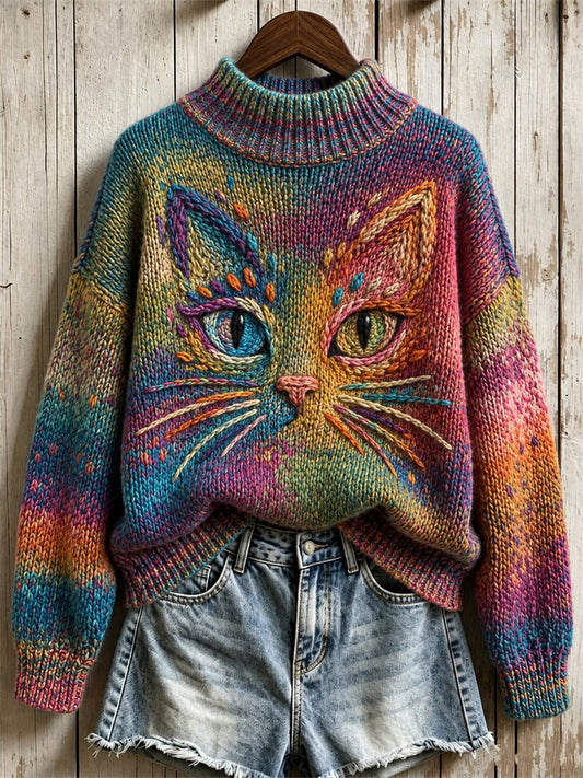 Women's Vintage Cat Face Art Colorful Gradient Print Turtleneck sweater