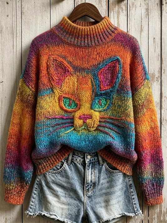 Women's Vintage Cat Face Art Colorful Gradient Print Turtleneck sweater