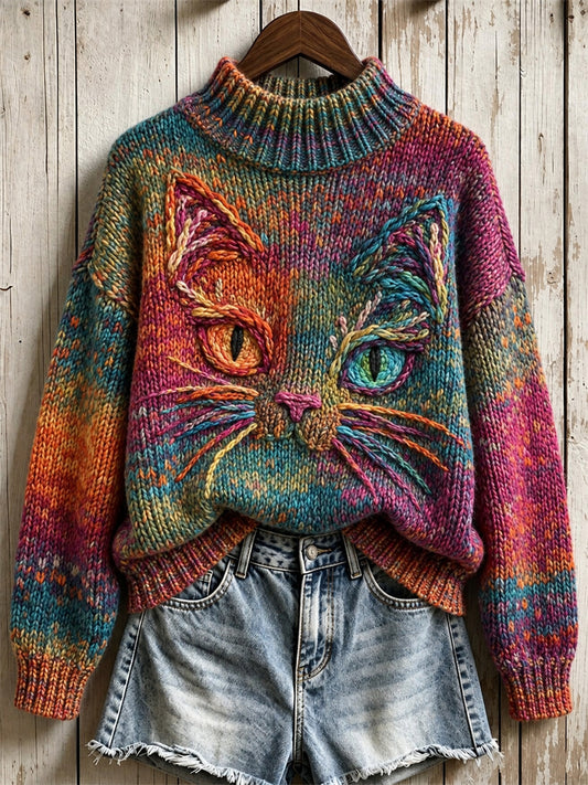 Women's Vintage Cat Face Art Colorful Gradient Print Turtleneck sweater