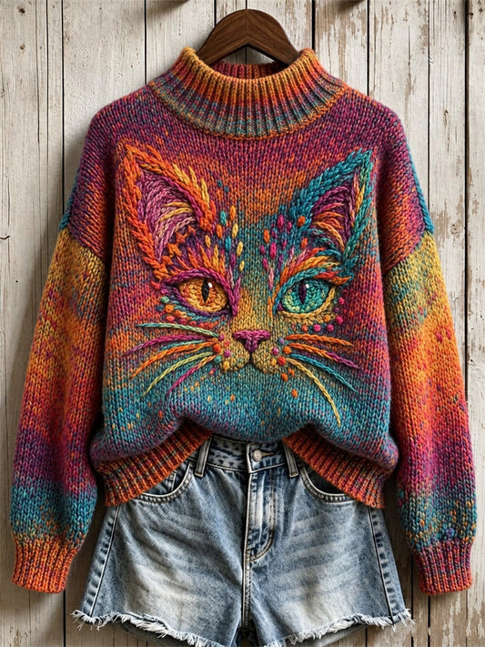 Women's Vintage Cat Face Art Colorful Gradient Print Turtleneck sweater