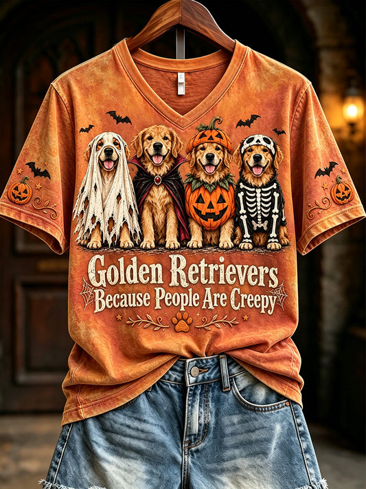 Women's Golden Retrievers Because People Are Creepy Halloween Print Short-sleeved T-shirt