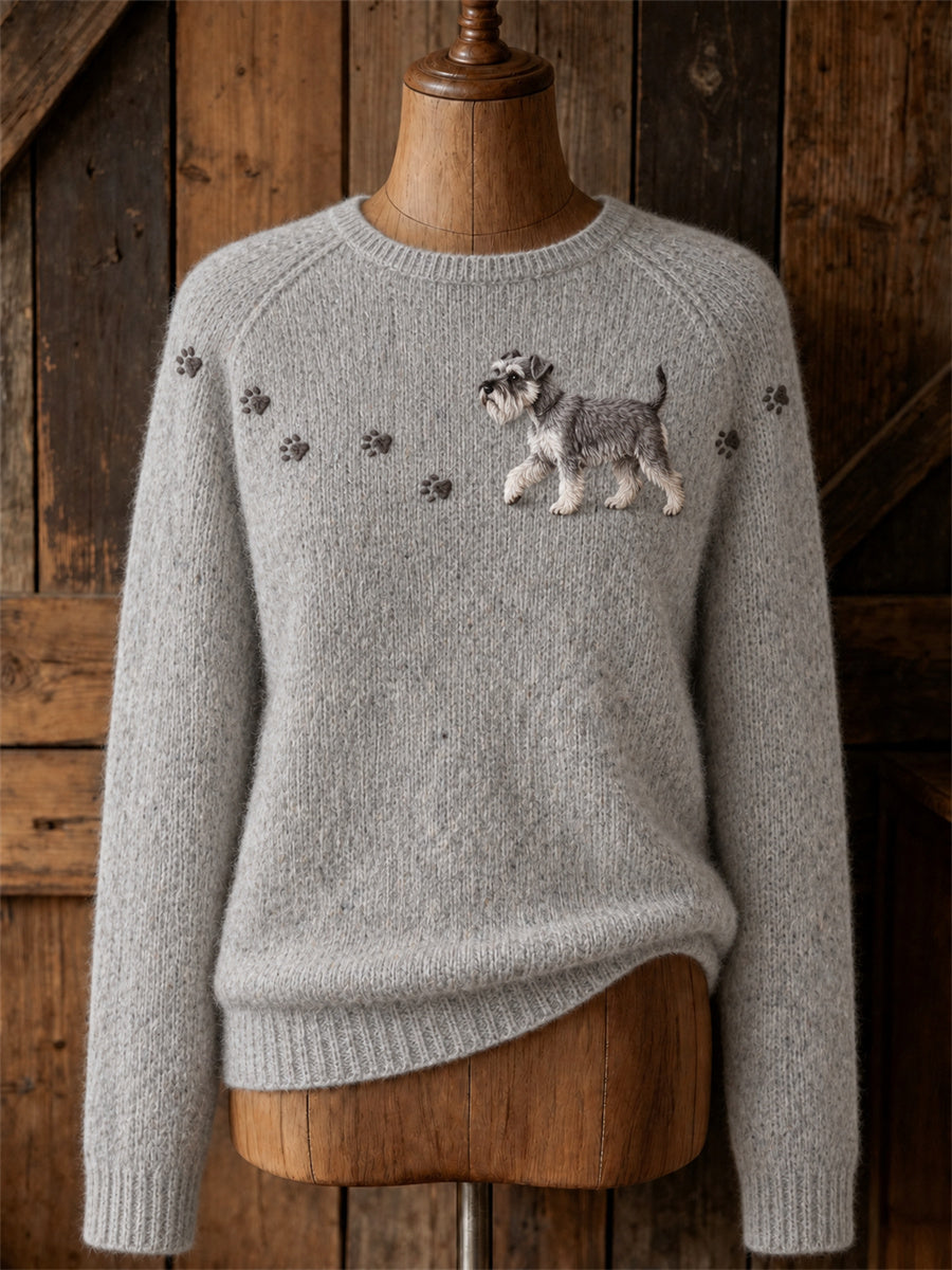 Women's Lovely Schnauzer Dog Walking & Paw Prints Yoke Print crew neck sweater