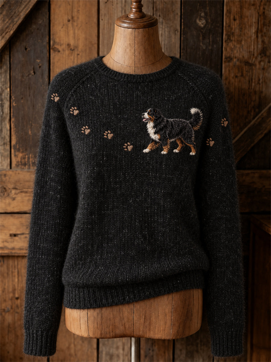 Women's Lovely Bernese Mountain Dog Walking & Paw Prints Yoke Print crew neck sweater