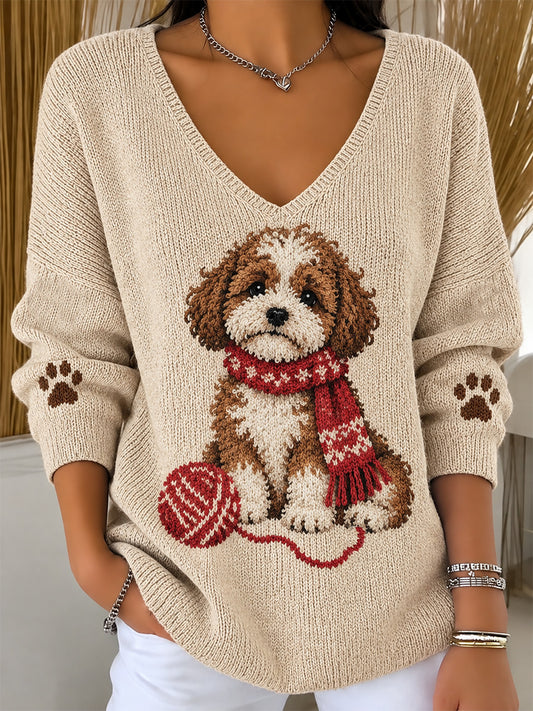 Women's Cute Scarf Dog Print V-Neck Ribbed Top