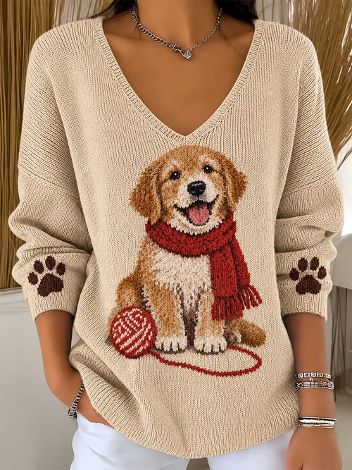 Women's Cute Scarf Dog Print V-Neck Ribbed Top