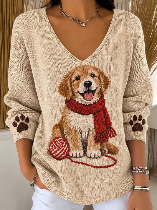 Women's Cute Scarf Dog Print V-Neck Ribbed Top