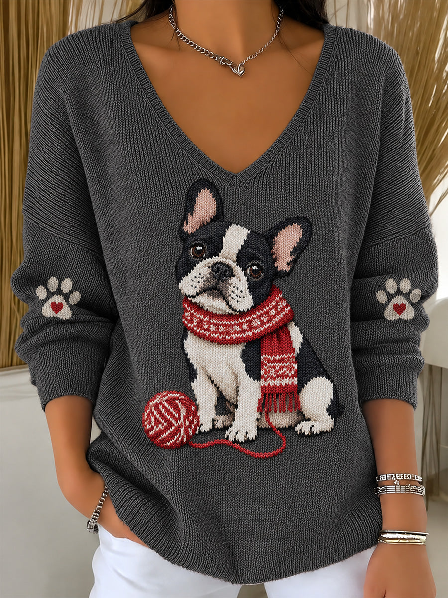 Women's Cute Scarf Dog Print V-Neck Ribbed Top